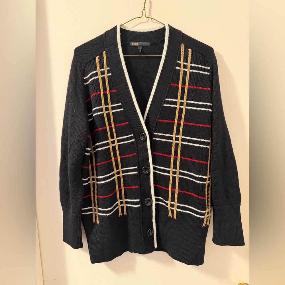 Maje Mada Plaid Wool Blend Cardigan Sz Sm/Fr 1